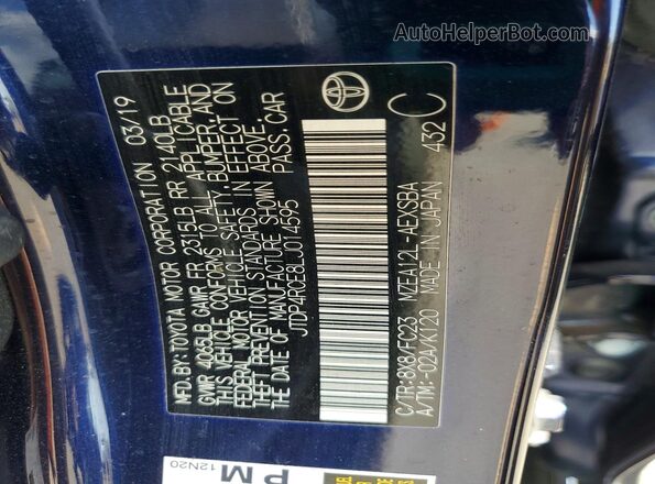 JTDP4RCE8LJ014595 2020 TOYOTA COROLLA Blue Widok naklejki z numerem VIN