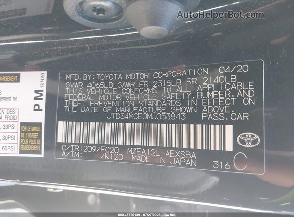 JTDS4MCE0MJ053843 2021 TOYOTA COROLLA Black Vista del compartimento del motor
