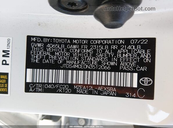 JTDS4MCE0N3512066 2022 TOYOTA COROLLA White Engine compartment view