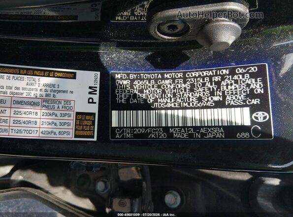 JTDS4MCE1MJ056945 2021 TOYOTA COROLLA Black Widok komory silnika