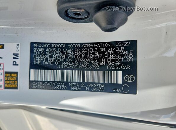 JTDS4MCE1N3506793 2022 TOYOTA COROLLA White Engine compartment view