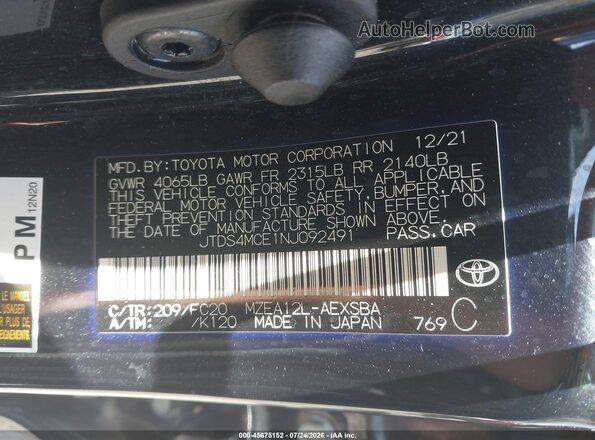 JTDS4MCE1NJ092491 2022 TOYOTA COROLLA Черный Вид подкапотного пространства
