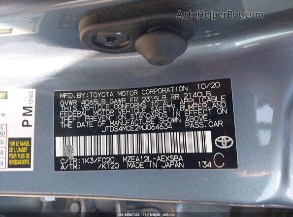 JTDS4MCE2MJ064634 2021 TOYOTA COROLLA Gray Widok komory silnika