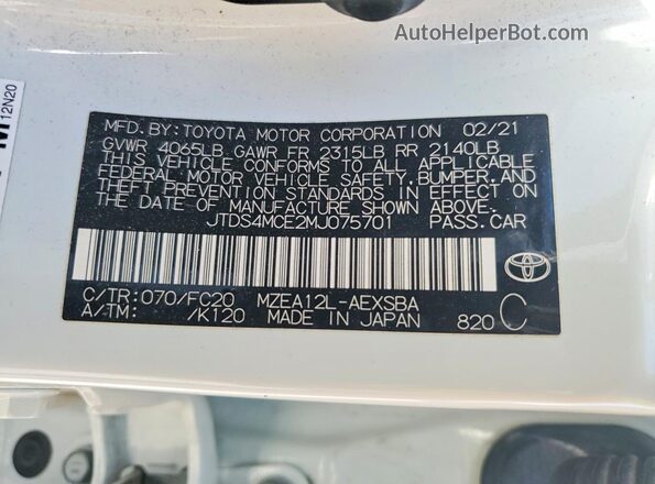 JTDS4MCE2MJ075701 2021 TOYOTA COROLLA White Շարժիչի բաժամունքի տեսք