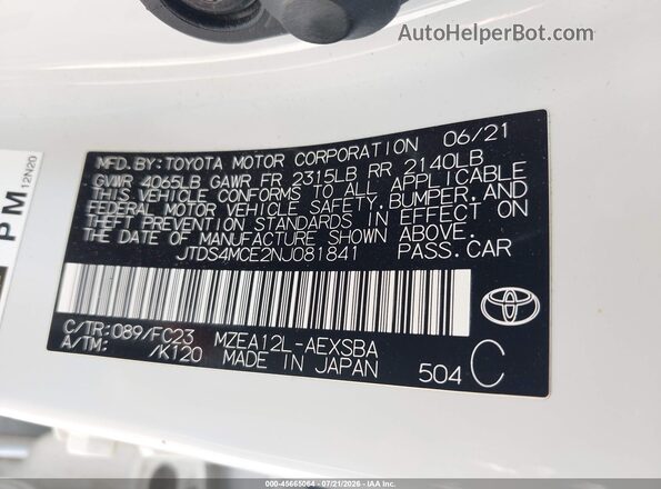 JTDS4MCE2NJ081841 2022 TOYOTA COROLLA White Вид підкапотного простору