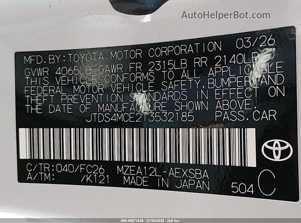 JTDS4MCE2T3532185 2026 TOYOTA COROLLA White Widok komory silnika