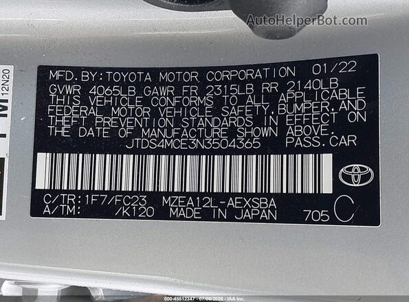 JTDS4MCE3N3504365 2022 TOYOTA COROLLA Silver Вид підкапотного простору