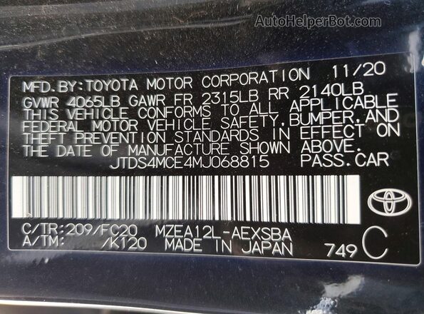 JTDS4MCE4MJ068815 2021 TOYOTA COROLLA Черный Вид наклейки с VIN-кодом