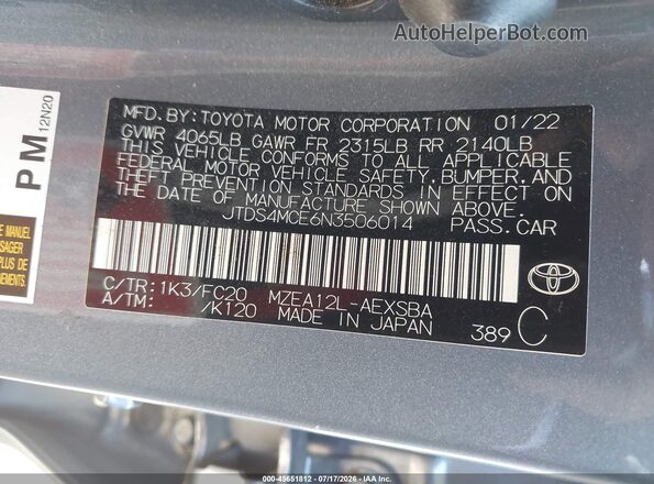 JTDS4MCE6N3506014 2022 TOYOTA COROLLA Light Blue Vista del compartimento del motor