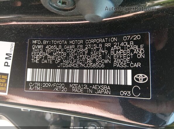 JTDS4MCE7MJ058506 2021 TOYOTA COROLLA Black Շարժիչի բաժամունքի տեսք