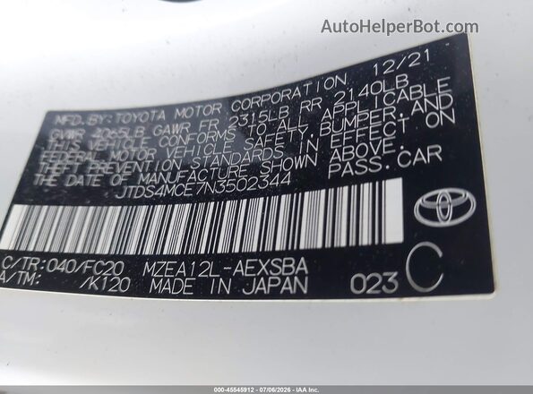 JTDS4MCE7N3502344 2022 TOYOTA COROLLA Белый Вид подкапотного пространства