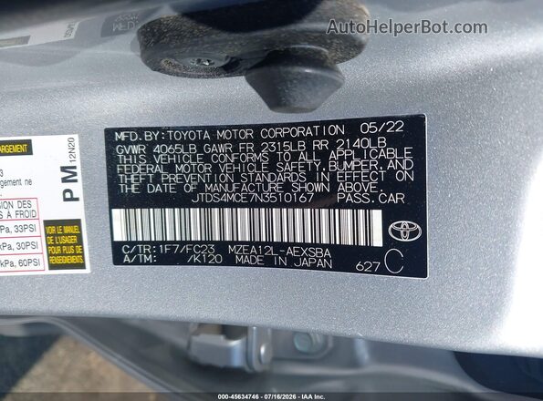 JTDS4MCE7N3510167 2022 TOYOTA COROLLA Silver Вид підкапотного простору