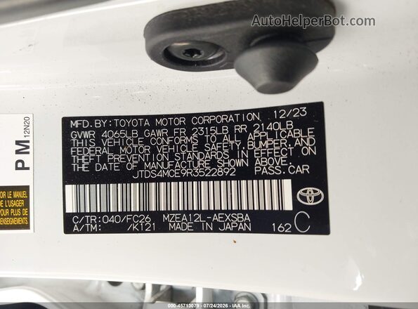 JTDS4MCE9R3522892 2024 TOYOTA COROLLA White ძრავის განყოფილების ხედი