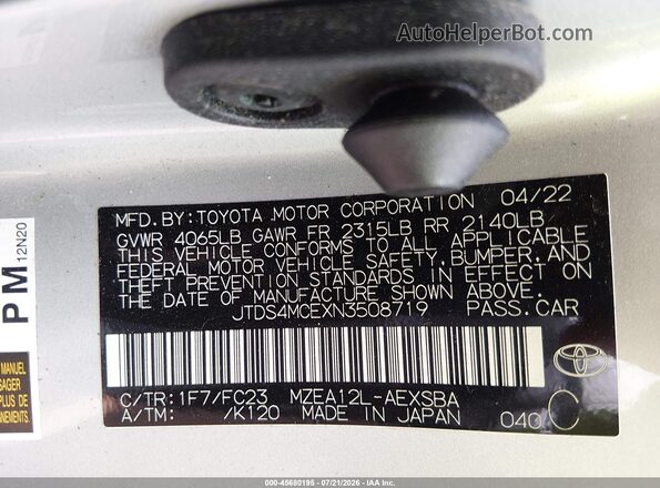 JTDS4MCEXN3508719 2022 TOYOTA COROLLA Серебряный Вид подкапотного пространства