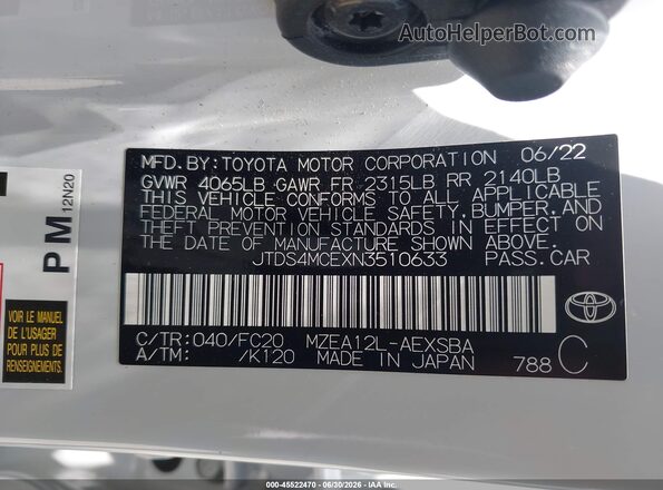 JTDS4MCEXN3510633 2022 TOYOTA COROLLA White ძრავის განყოფილების ხედი