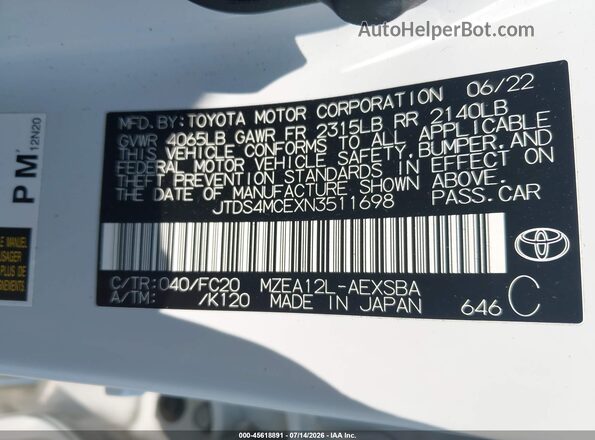 JTDS4MCEXN3511698 2022 TOYOTA COROLLA White Շարժիչի բաժամունքի տեսք