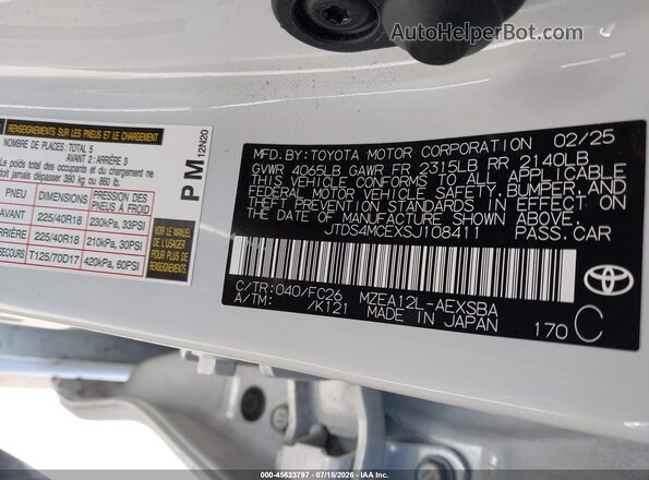 JTDS4MCEXSJ108411 2025 TOYOTA COROLLA White ძრავის განყოფილების ხედი