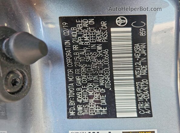 JTDS4RCE0LJ006646 2020 TOYOTA COROLLA Blue Vista de la etiqueta del VIN