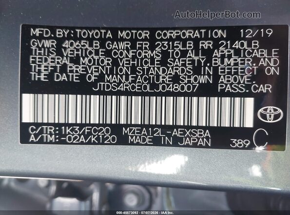 JTDS4RCE0LJ048007 2020 TOYOTA COROLLA Light Blue Vista del compartimento del motor