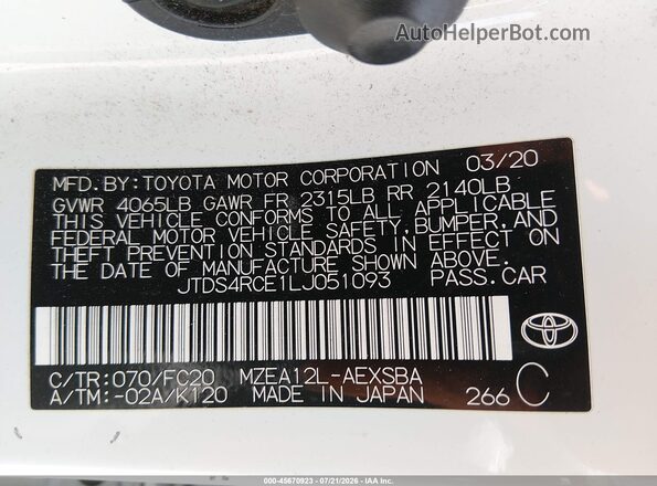 JTDS4RCE1LJ051093 2020 TOYOTA COROLLA White ძრავის განყოფილების ხედი