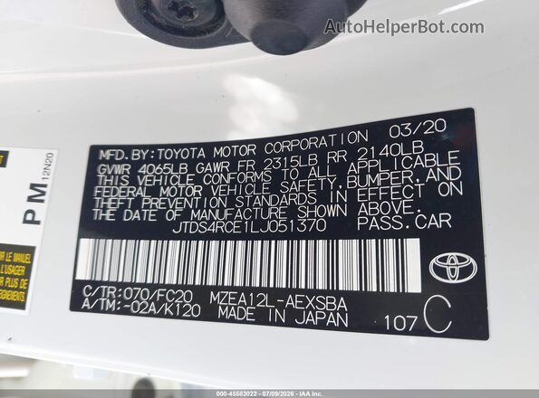 JTDS4RCE1LJ051370 2020 TOYOTA COROLLA White Engine compartment view