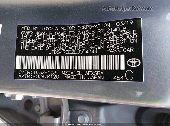 JTDS4RCE2LJ014344 2020 TOYOTA COROLLA Light Blue Widok komory silnika