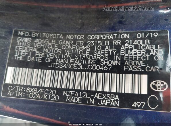 JTDS4RCE3LJ000467 2020 TOYOTA COROLLA Blue Շարժիչի բաժամունքի տեսք