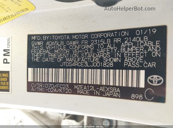JTDS4RCE3LJ001828 2020 TOYOTA COROLLA White ძრავის განყოფილების ხედი