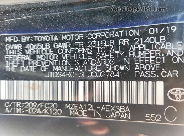 JTDS4RCE3LJ002784 2020 TOYOTA COROLLA Black ძრავის განყოფილების ხედი