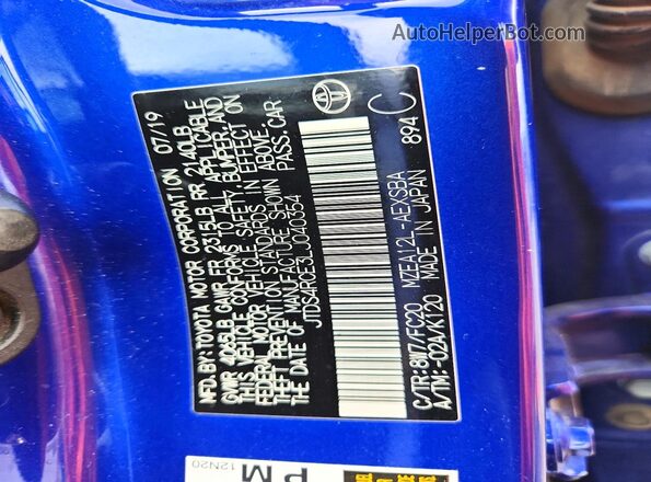 JTDS4RCE3LJ040354 2020 TOYOTA COROLLA Blue Вид наклейки з VIN-кодом