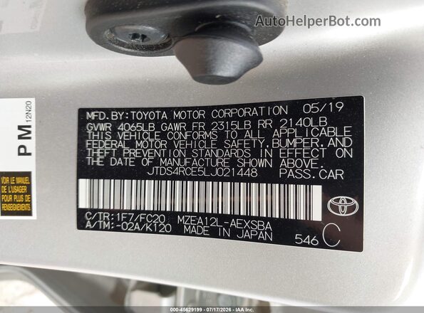 JTDS4RCE5LJ021448 2020 TOYOTA COROLLA Silver Շարժիչի բաժամունքի տեսք
