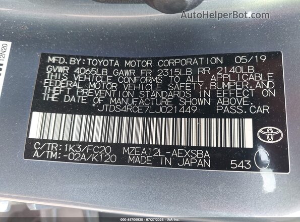 JTDS4RCE7LJ021449 2020 TOYOTA COROLLA Синий Вид подкапотного пространства