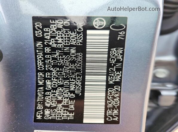 JTDS4RCE7LJ050868 2020 TOYOTA COROLLA Blue VIN კოდის სტიკერის ხედი