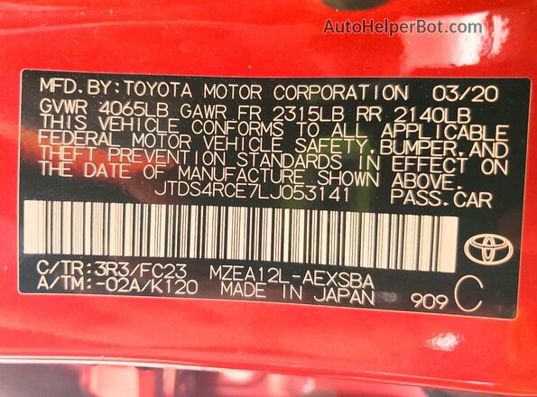 JTDS4RCE7LJ053141 2020 TOYOTA COROLLA Red Engine compartment view