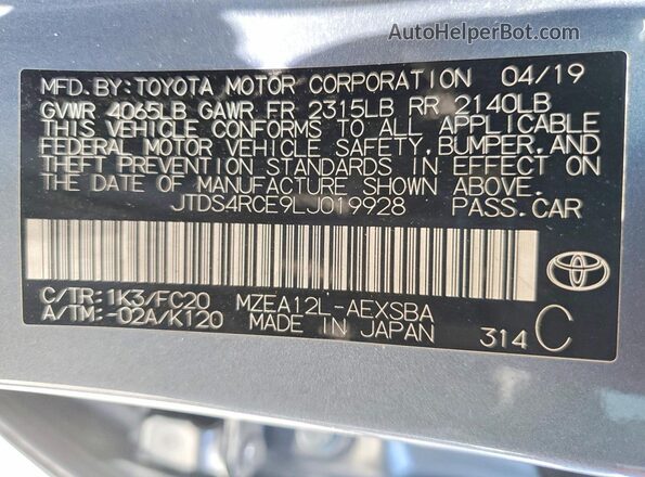 JTDS4RCE9LJ019928 2020 TOYOTA COROLLA Blue VIN կոդի պիտակի տեսք