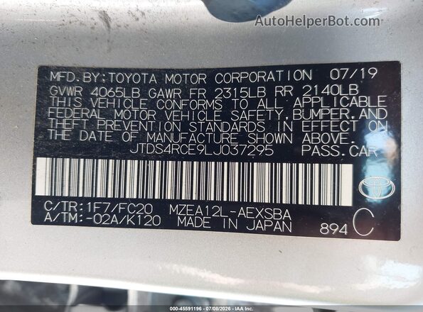 JTDS4RCE9LJ037295 2020 TOYOTA COROLLA Silver Vista del compartimento del motor