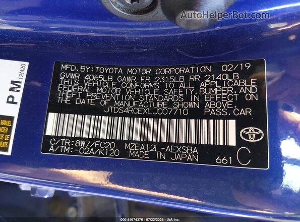 JTDS4RCEXLJ007710 2020 TOYOTA COROLLA Blue Engine compartment view