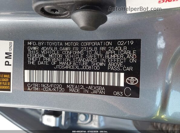 JTDS4RCEXLJ008100 2020 TOYOTA COROLLA Blue Vista del compartimento del motor