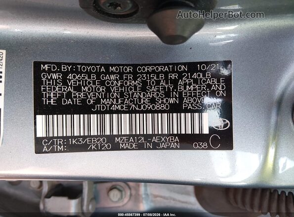 JTDT4MCE7NJ090880 2022 TOYOTA COROLLA Gray Շարժիչի բաժամունքի տեսք