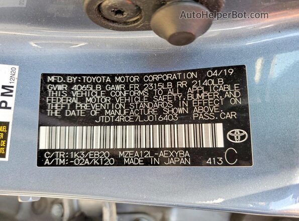 JTDT4RCE7LJ016403 2020 TOYOTA COROLLA Gray VIN sticker view