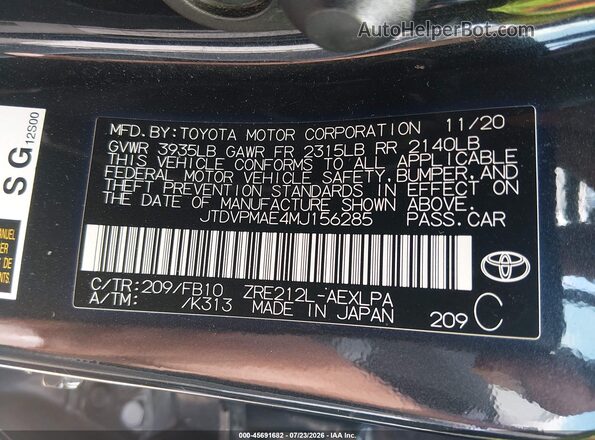 JTDVPMAE4MJ156285 2021 TOYOTA COROLLA Black ძრავის განყოფილების ხედი