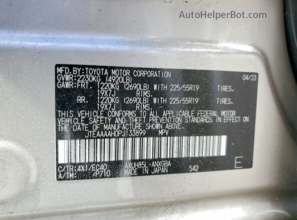 JTEAAAAH0PJ133899 2023 TOYOTA VENZA Silver VIN კოდის სტიკერის ხედი