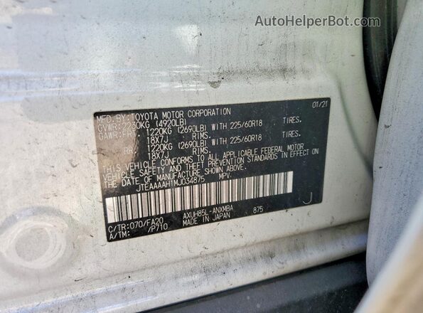 JTEAAAAH1MJ034875 2021 TOYOTA VENZA White Widok naklejki z numerem VIN