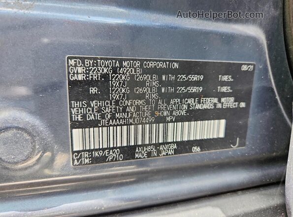 JTEAAAAH1MJ074499 2021 TOYOTA VENZA Blue VIN կոդի պիտակի տեսք