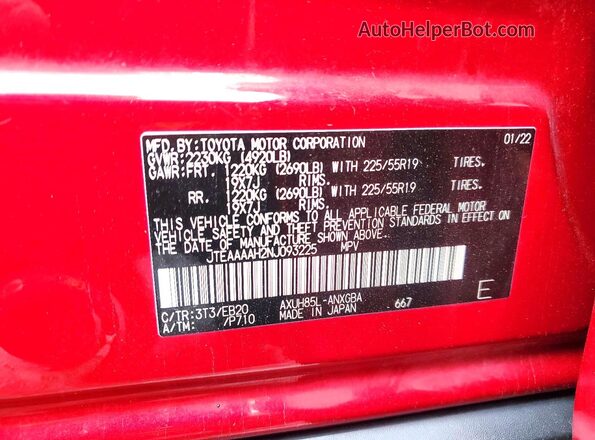 JTEAAAAH2NJ093225 2022 TOYOTA VENZA Maroon VIN კოდის სტიკერის ხედი