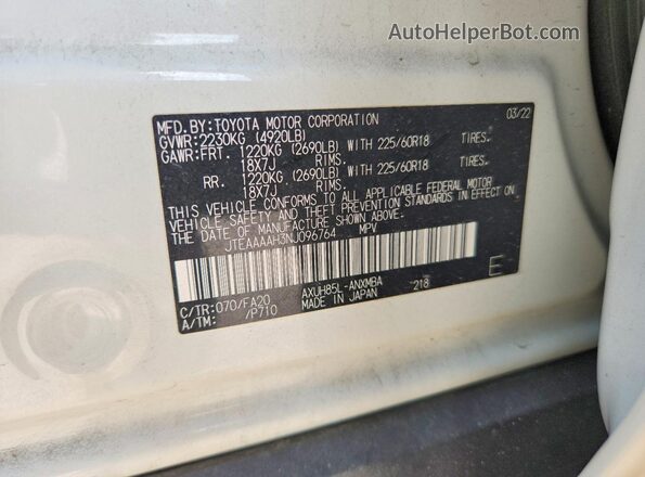 JTEAAAAH3NJ096764 2022 TOYOTA VENZA White VIN sticker view