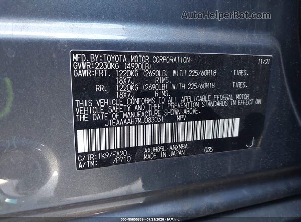 JTEAAAAH7MJ083031 2021 TOYOTA VENZA Gray Engine compartment view