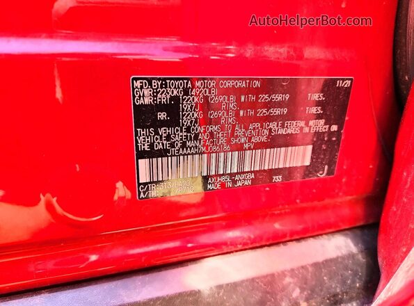 JTEAAAAH7MJ086186 2021 TOYOTA VENZA Red VIN կոդի պիտակի տեսք