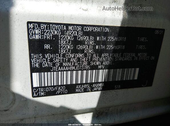 JTEAAAAH8MJ073785 2021 TOYOTA VENZA White Вид підкапотного простору