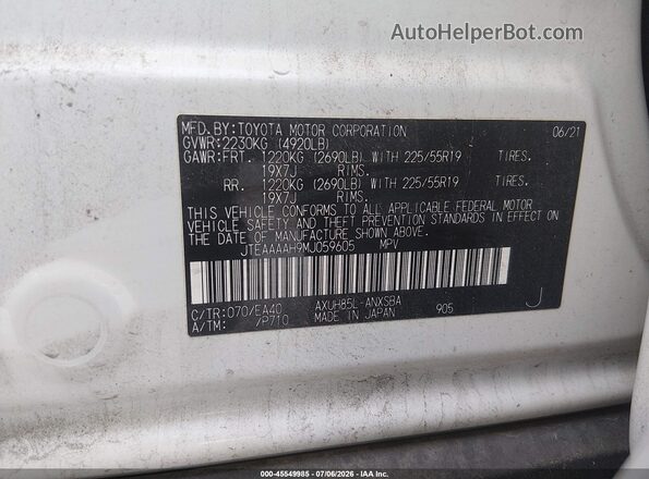 JTEAAAAH9MJ059605 2021 TOYOTA VENZA White Widok komory silnika